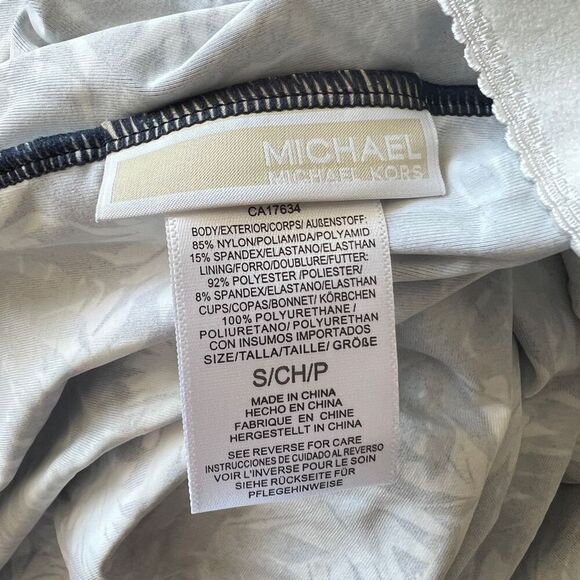 Michael Kors Palm Mix High-Neck Blouson Tankini Top Navy Small - Picture 15 of 16